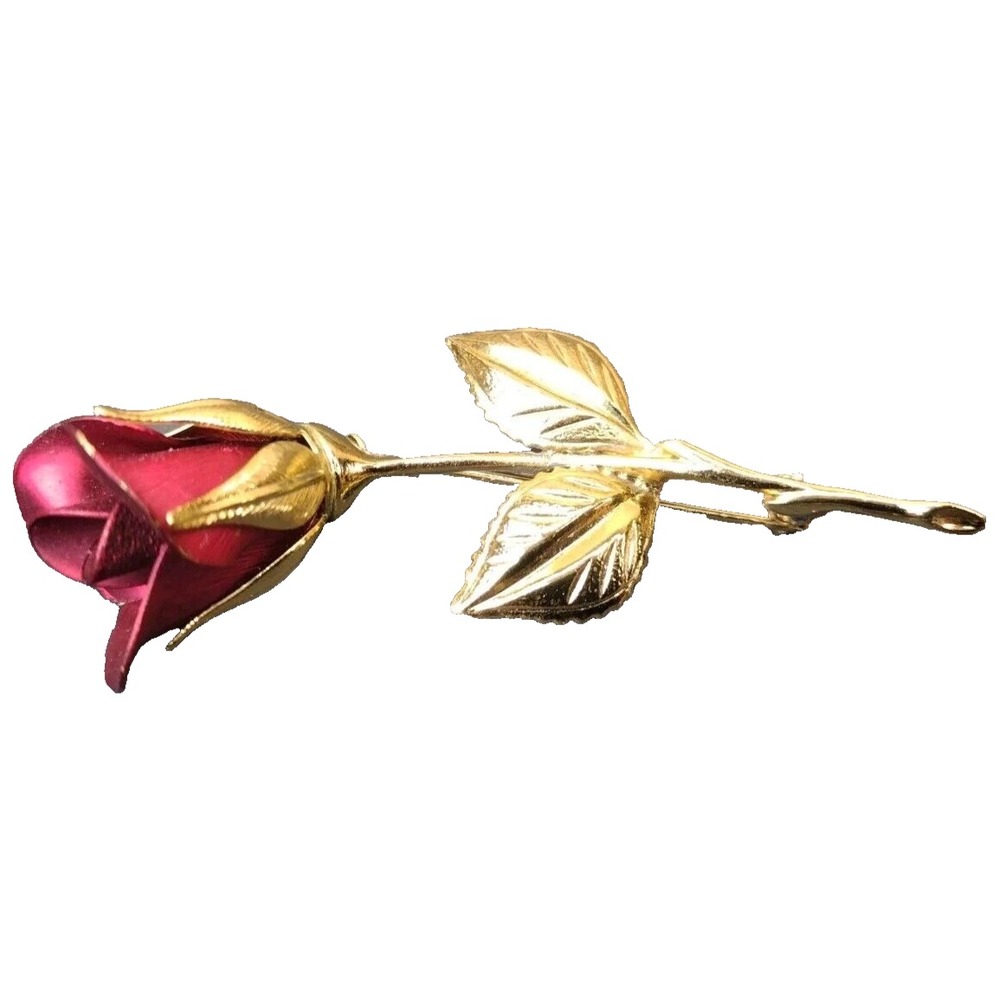 Vintage Giovanni Signed Brooch, Gold Stem Red Rose Pin, Combined Shipping Avail